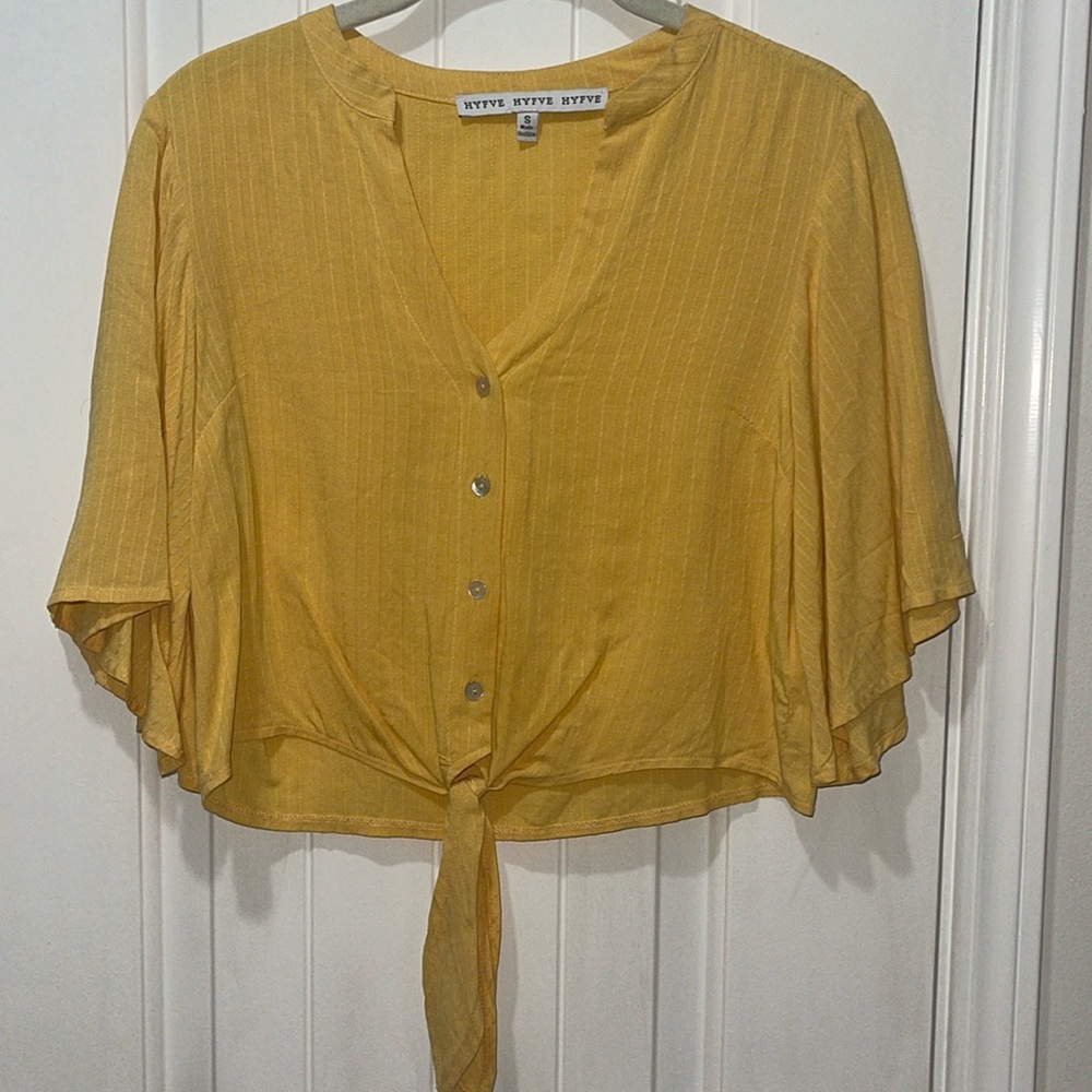 HYFVE HYFVE HYFVE Mustard Yellow short bell sleeve cropped button up tie top